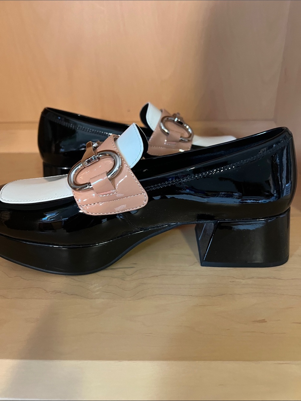 Jeffrey Campbell Black White and Beige Patent Horsebit Platform Loafers - Picture 5 of 9